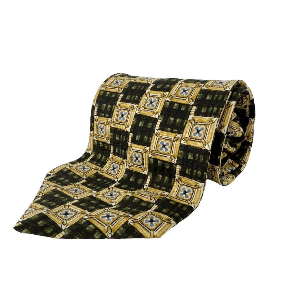 OSCAR DE LA RENTA 100% SILK‎ Luxury Geometric Abstract Pattern Beige Green Tie